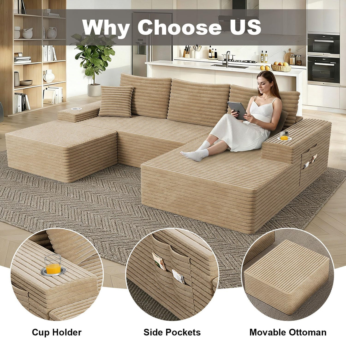 KCGKCG 106" Cloud Modular Sectional Couch with Ottoman, Modern U Shaped Corduroy Sofa, Higher 17.7" Seat Height, 32D Pure Foam, Built in Cup Holders, No Assembly Living Room(Camel, Left Facing Chaise)