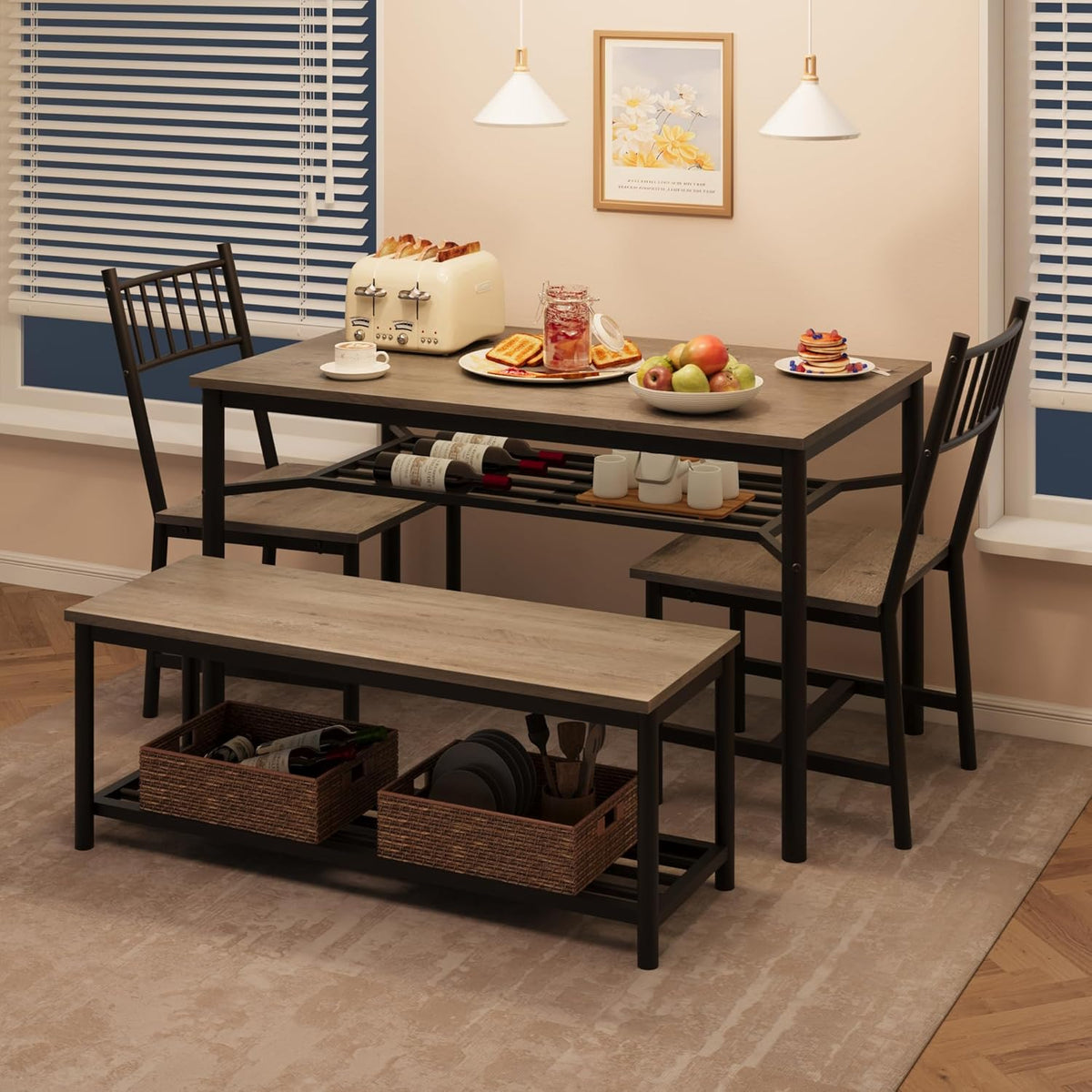 Garvee Dining Table Set for 4 with Bench and Chairs, 4-Piece Kitchen Table Set with Storage – Space-Saving Dining Table for Apartments and Dining Rooms, Gray