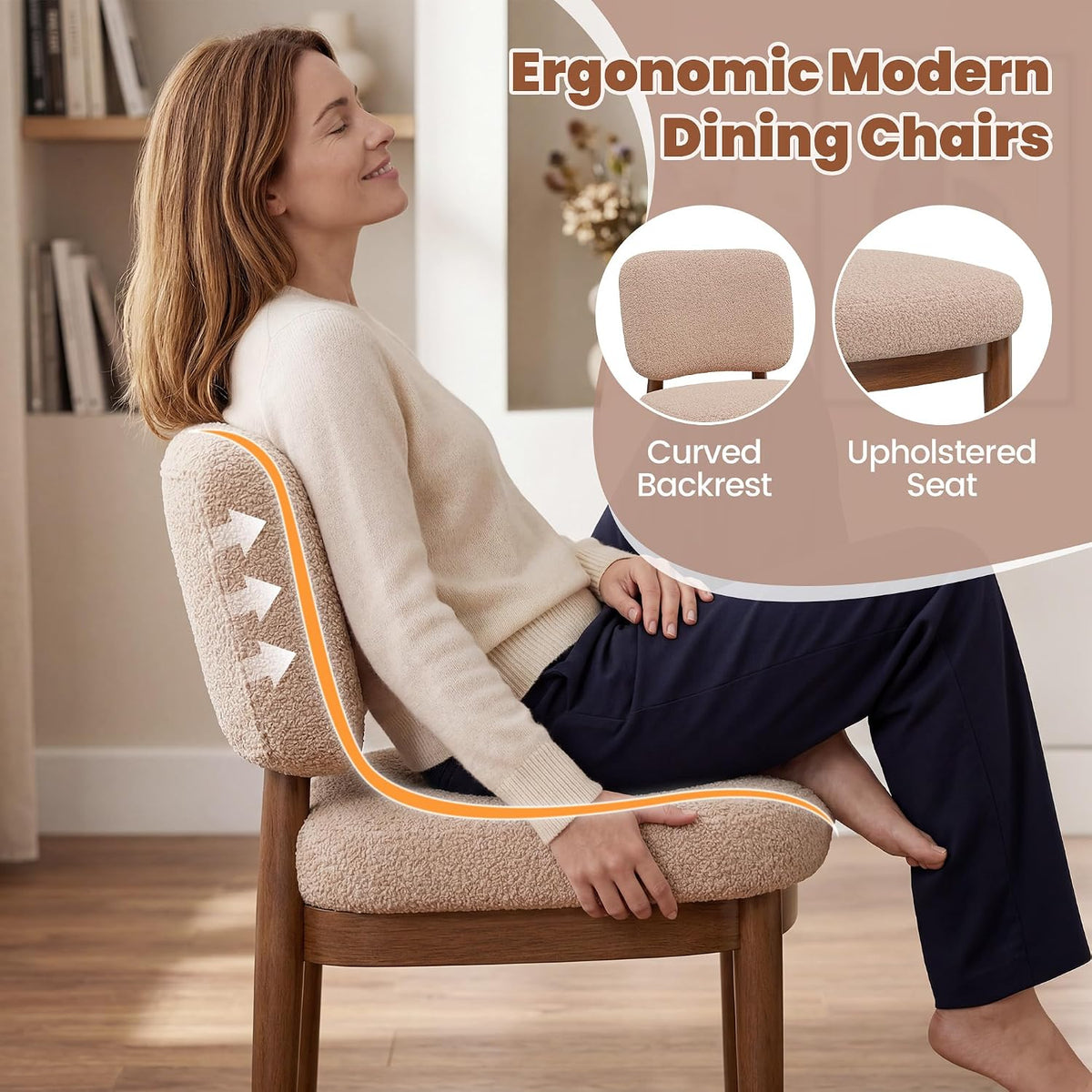 Wooden Dining Chairs Set of 2, Boucle Upholstered Kitchen Chairs with Solid Wood Legs, Mid Century Modern Dining Chairs, Farmhouse Side Chair with Hardwood Frame for Dining Room, Khaki