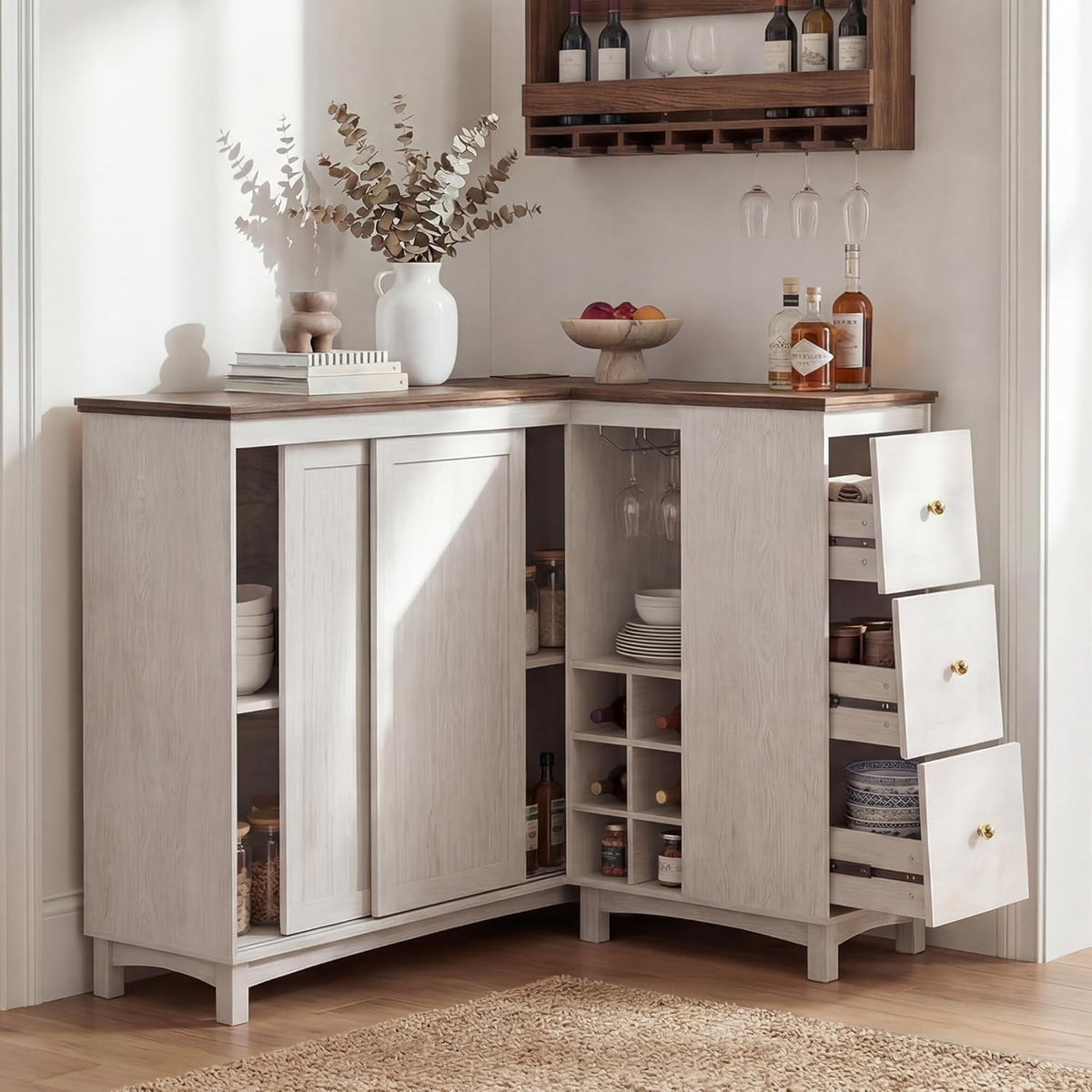 Corner Cabinet with Charging Station,L-Shaped Kitchen Pantry Storage Cabinet with 3 Drawers,Freestanding Kitchen Pantry Cabinets with Wine Rack,Glass Rack,Sliding Door for Dining Room (White)