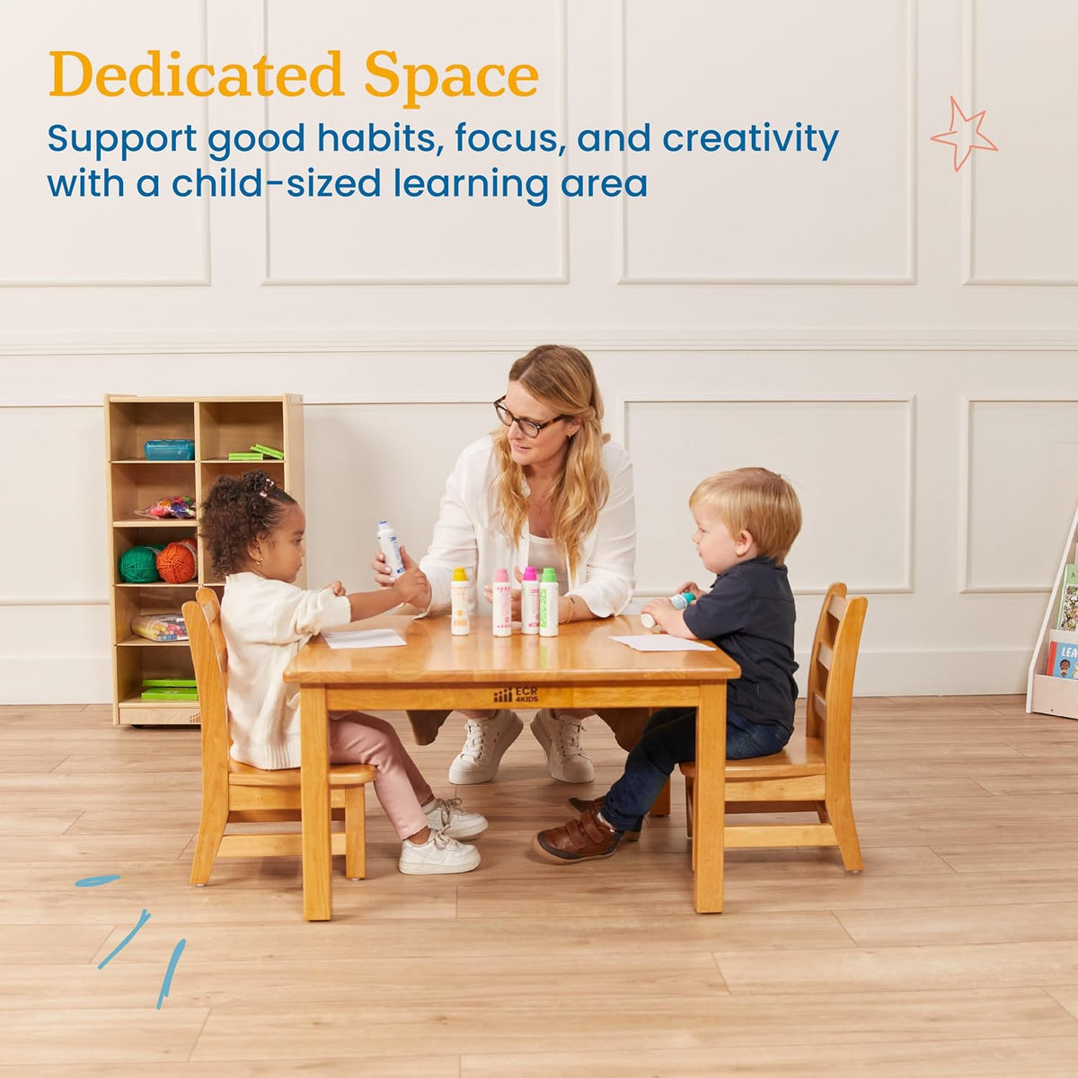 ECR4Kids 24in x 36in Rectangular Hardwood Table with 16in Legs and Two 8in Chairs, Kids Furniture, Honey, 3-Piece | Durable rubberwood, GREENGUARD Gold Certified, ANSI/BIFMA Compliant, 2-3 years, 74 lb seat capacity, classroom & home use