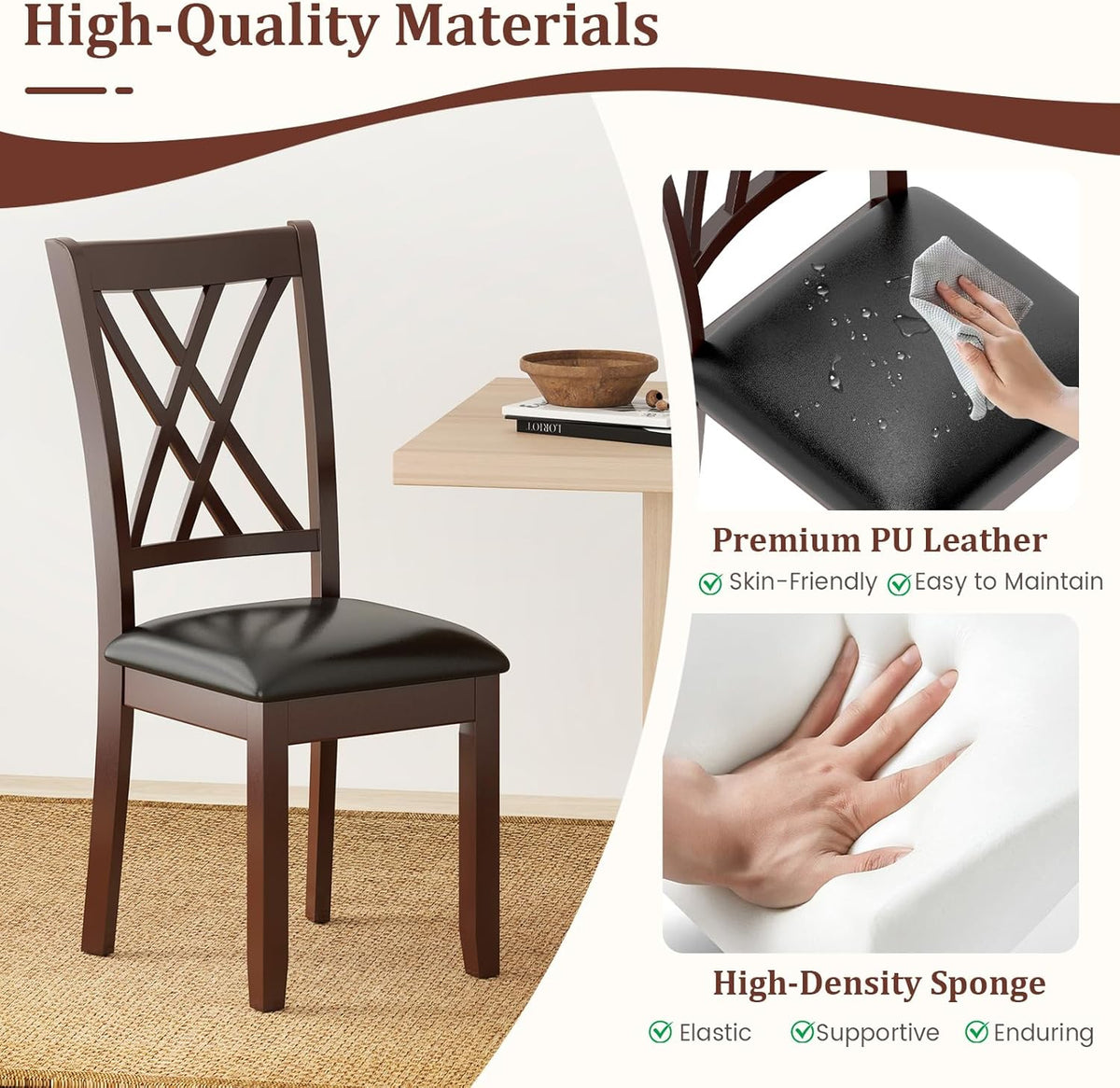 COSTWAY Set of 4 Dining Chairs, Wooden Kitchen Side Chair with PU Leather Padded Seat, Rubber Wood Frame & High Back, Farmhouse Dining Room Chairs for Home & Restaurant, Walnut