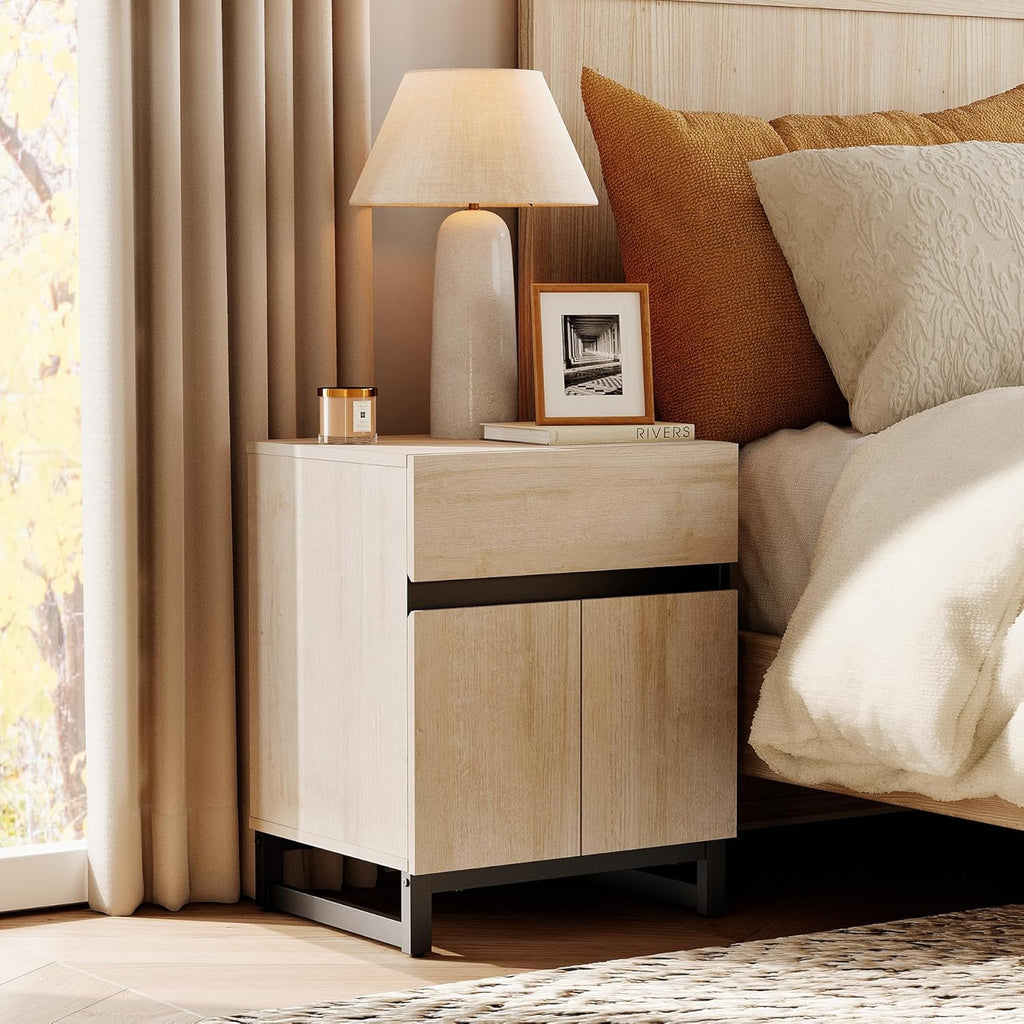 WAMPAT 2 Pack Nightstand with 1 Drawer and 1 Storage Cabinet, Modern Bedside Table with 2 Open Door for Bedroom, Wood Rustic Side End Table for Living Room, Light Oak