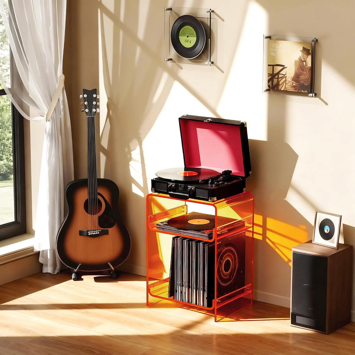 Acrylic Record Player Table with Storage Shelf, Clear Side Table Nightstand (Orange, Medium)