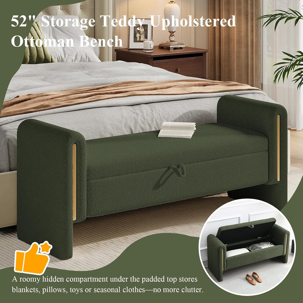 52" Storage Ottoman Bench, Teddy Upholstered End of Bed Bench with Pull-Ring, Storage Bench with Armrest, Window Bench Sturdy with Safety Hinge,Entryway Bench for Bedroom(Olive Green)