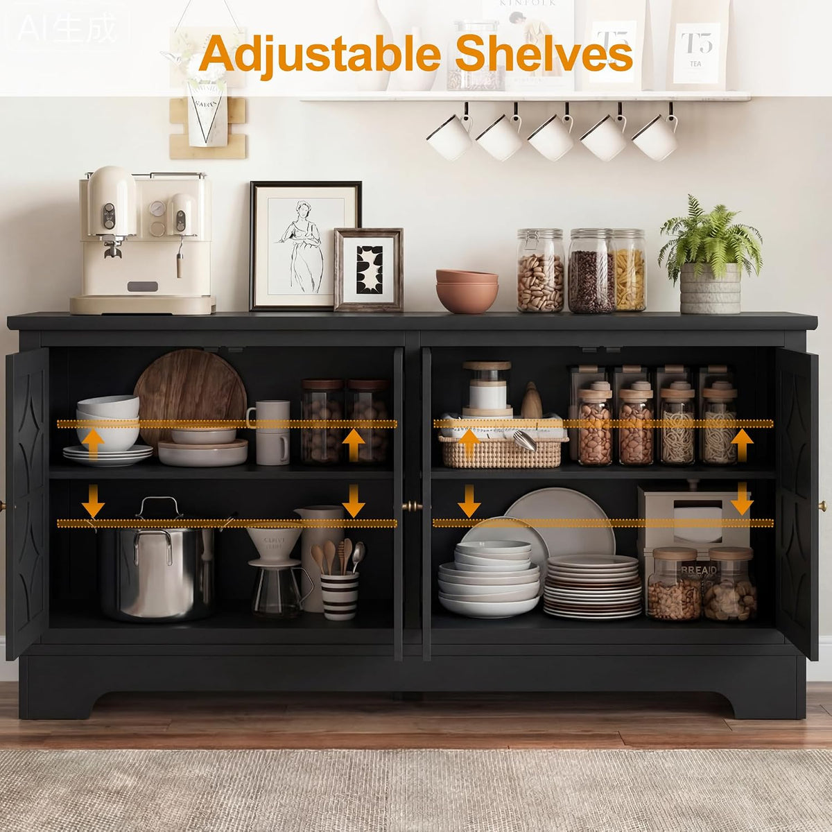 RoyalCraft Sideboard Buffet Cabinet with Storage, 56" Modern Sideboard with 4 Carved Doors, Large Wood Coffee Bar Console Table for Kitchen, Dining Room, Entryway, Living Room, Black