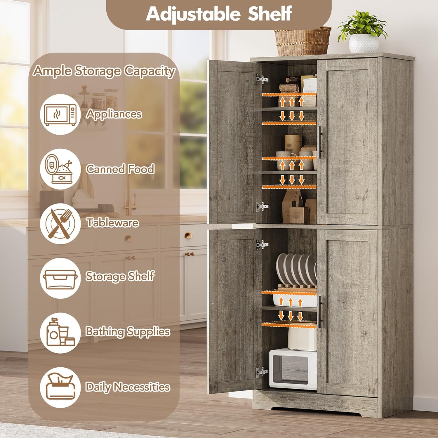 70" Tall Pantry Cabinet, Kitchen Pantry Cabinet with Doors and Adjustable Shelves, Freestanding Cupboard, Tall Storage Cabinet for Bathroom, Dining Room, Living Room, Gray