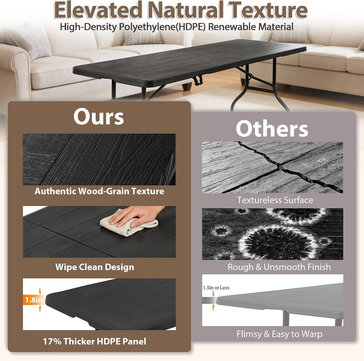Portable Folding Table, Heavy Duty Plastic Event Picnic Table Indoor Outdoor Camping, 4FT with Handle Lock for Banquet, Black