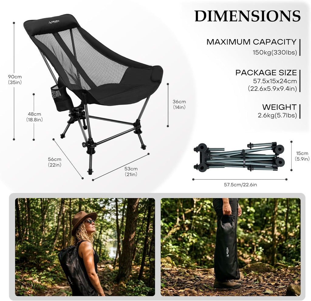 Hammock Camping Chair, Lightweight Folding Beach Lounge Chair with Adjustable Height Legs, Mesh Portable Swing Camp Chair with Cushioned Head Pillow & Armrests for Camping Beach Hiking
