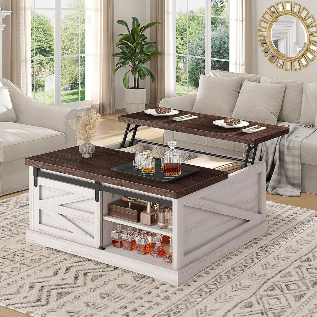 Itaar 39.4'' Lift Top Coffee Table with Storage, Farmhouse Coffee Tables for Living Room, Square Coffee Table with Large Hidden Compartment & 2 Drawers & Adjustable Shelves, Vintage White+Walnut