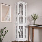 BELLEZE Lighted 3-Side Glass Display Curio Cabinet w/ Tempered Glass Doors and Shelves, Curved Wood Corner Cabinet with Bulb, Corner Storage Rack (White)