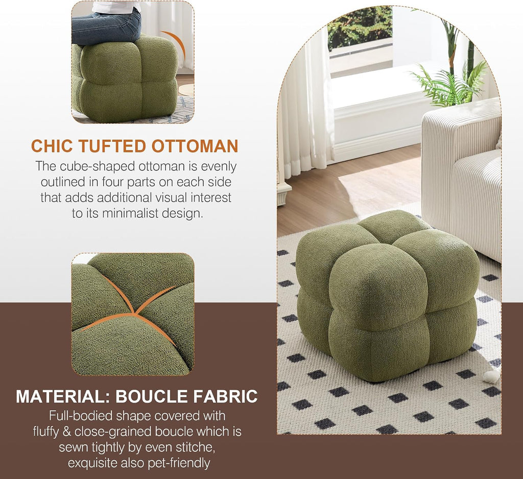 Zesthouse Square Pouf Ottomans Set of 2, Modern Vanity Chair for Bedroom | Boucle Fabric Foot Rest for Couch, Upholstered Tufted Footstool, Poofy Ottoman Seat for Living Room Dorm Fluffy Ottoman Green