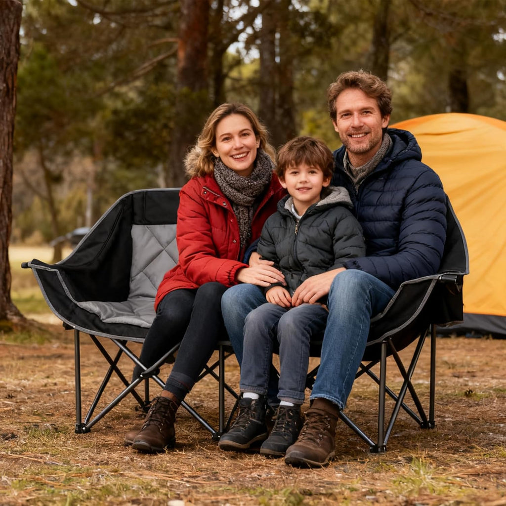 Double Camping Chair for 2 Persons, Oversized Folding Loveseat Camping Chair with Cup & Wine Holders, Heavy Duty 750LBS Support, Portable Camping Couch for Outdoor, Lawn, Beach, Black+Grey