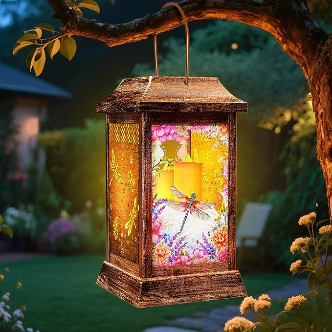 Dragonfly Solar Lanterns Outdoor Waterproof, Metal & Glass Hanging Lights Garden Decor, Birthday Gifts for Women Mom Grandma Mothers Day, Decorative Lights for Outside Yard Patio Backyard Porch