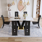 71'' Dining Table Set for 6,Modern Dining Room Table Set for 6,Marble Dining Table with 6 PU Leather Dining Chairs,Gold Dining Room Table with Glossy V-Shaped Base Ideal for Kitchen