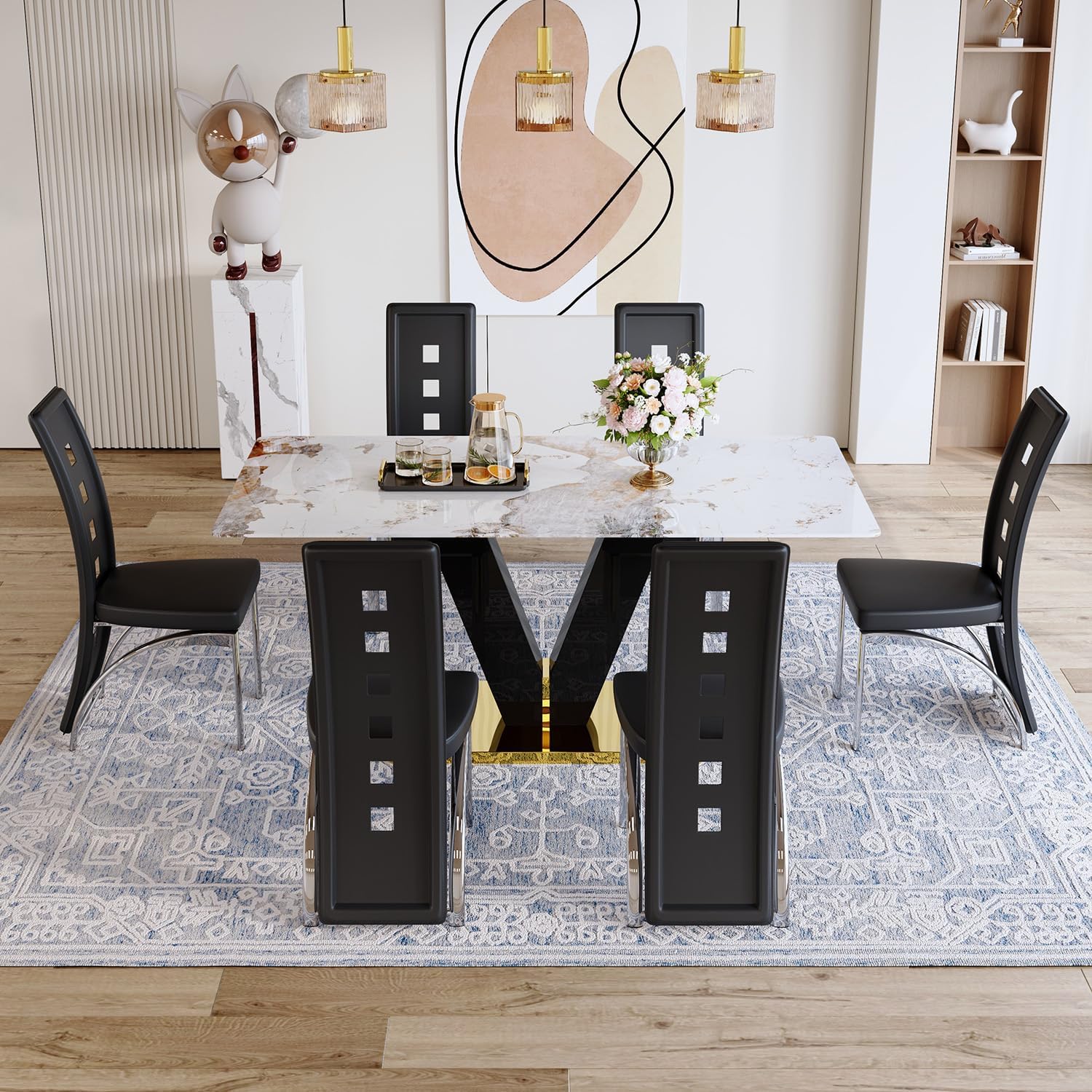 71'' Dining Table Set for 6,Modern Dining Room Table Set for 6,Marble Dining Table with 6 PU Leather Dining Chairs,Gold Dining Room Table with Glossy V-Shaped Base Ideal for Kitchen