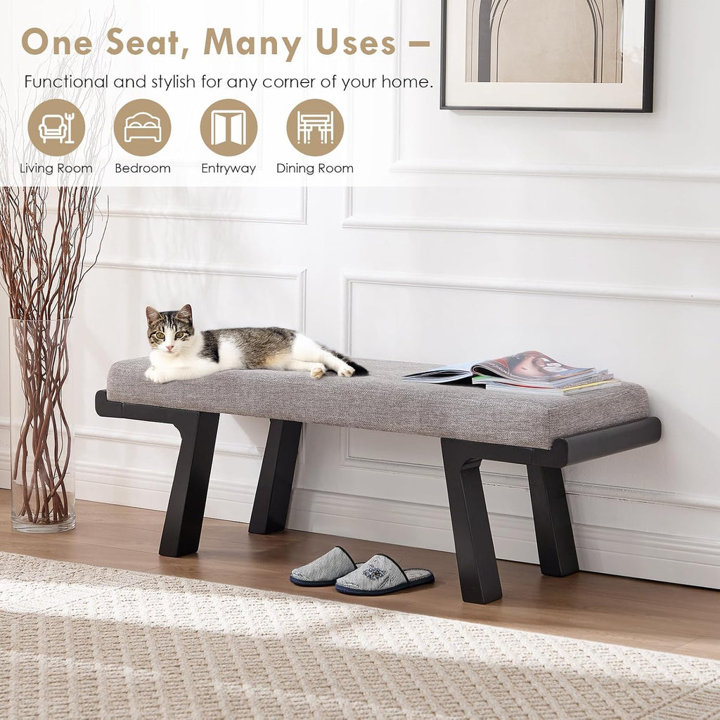 47" Upholstered Entryway Bench with Solid Wood Frame – Mid Century Modern End of Bed Bench, Dining Bench for Kitchen & Living Room, Grey