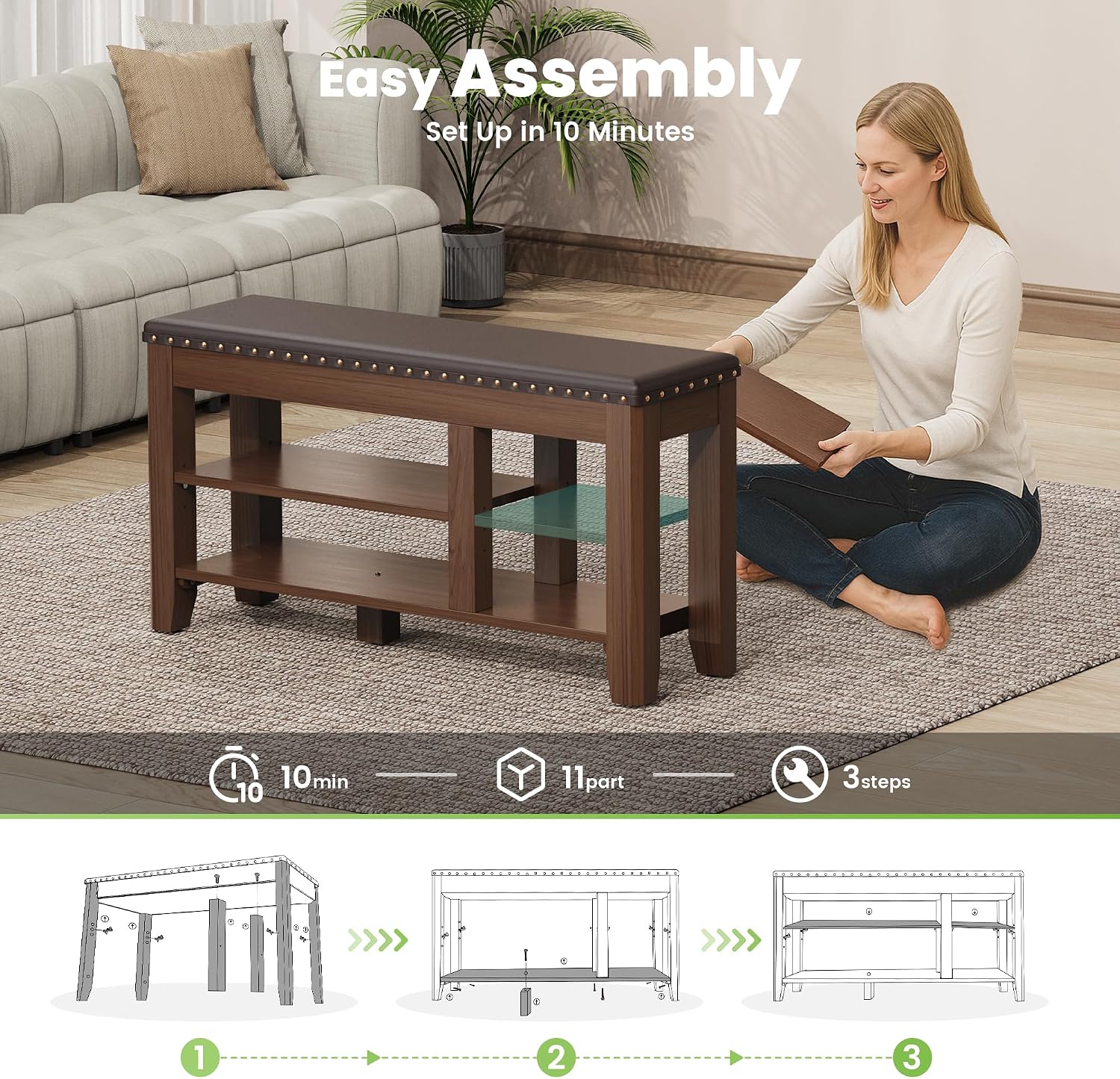 Shoe Bench for Entryway, Solid Rubberwood Shoe Bench with Hidden Storage, Adjustable 2-Tier Shelves & Soft PU Leather Seat, Shoe Rack Durable Easy Assembly for Hallway or Bedroom - Brown, 39.4"