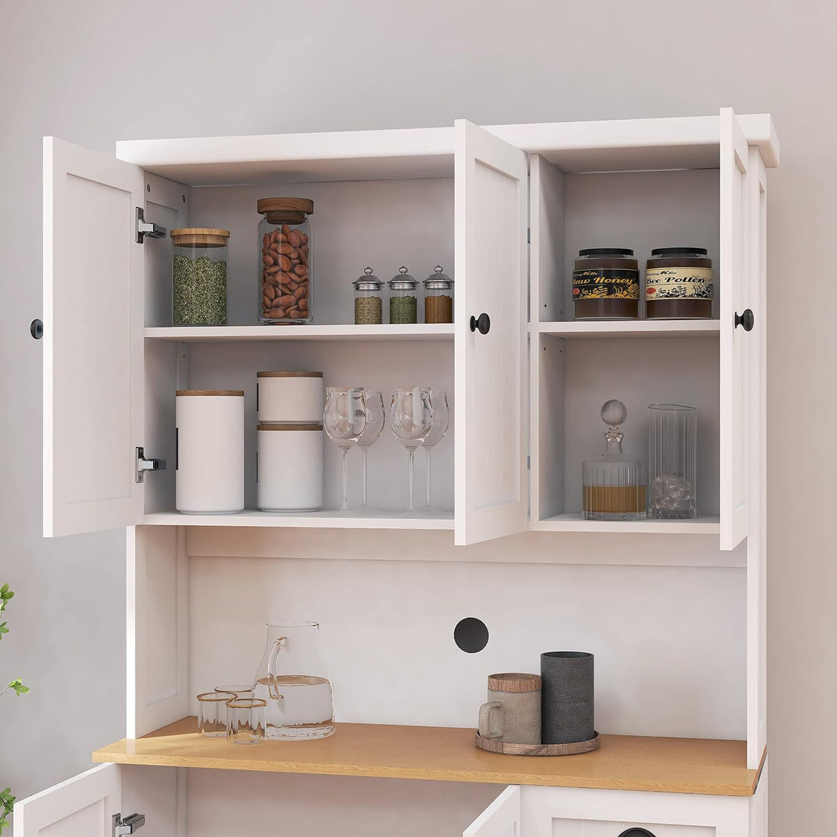 71" Tall Farmhouse Kitchen Pantry,Tall Kitchen Pantry with Microwave Oven Countertop,Freestanding Pantry Cabinet,Wood Pantry Storage Cabinet with Adjustable Shelves, 6 Doors and 1 Drawer