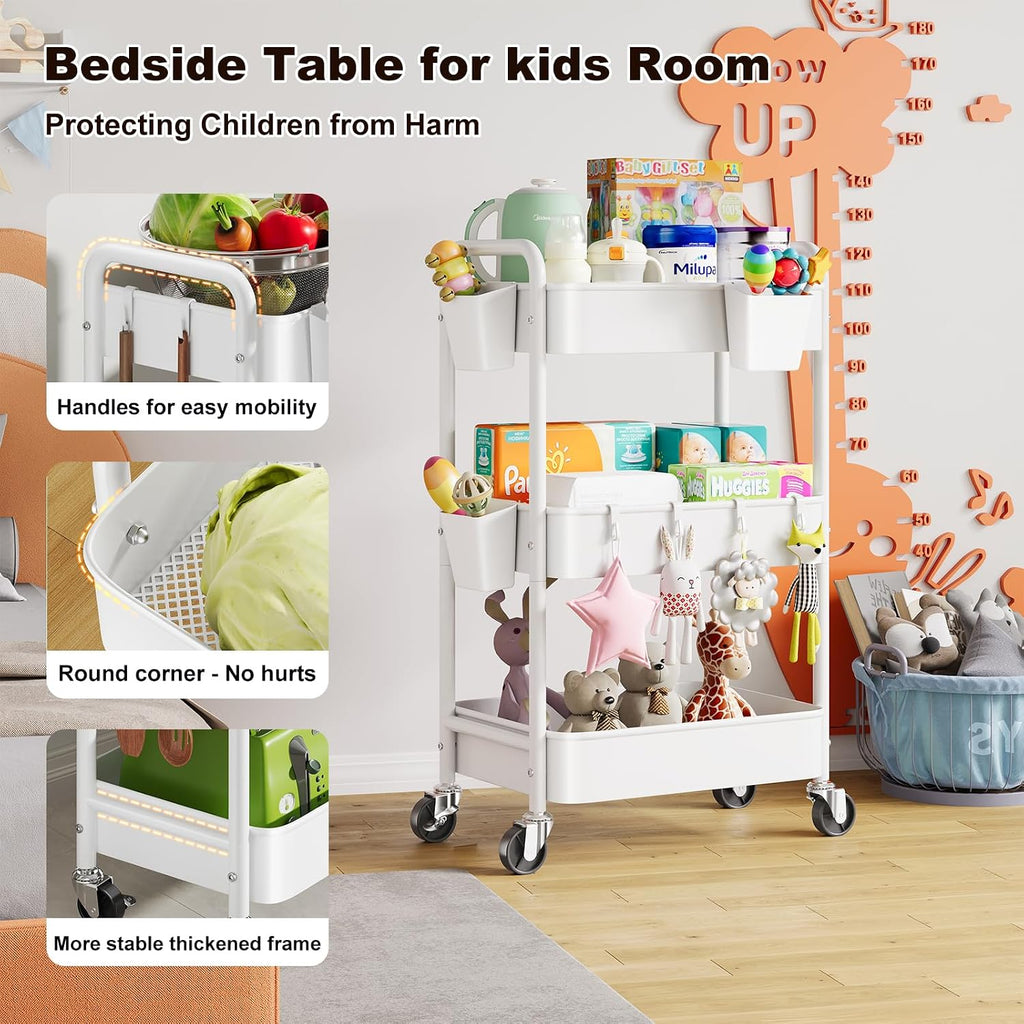 3 Tier Rolling Cart Metal with Wheels, White Three Tiered Storage Cart on Wheels, Utility Trolley Carts Organizer for Kitchen Storage, Pantry, Snack, Craft, Art, Lash, Makeup, Bathroom, Dorm Supply