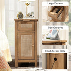 Narrow End Table with Charging Station - Midcentury Rattan Slim Side Table with USB Ports and Power Outlets, Nightstand with Flip Top and Storage Drawer, for Small Spaces Living Room Bedroom