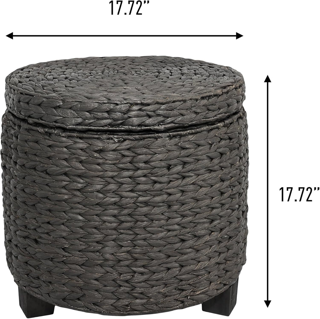 happimess Addie Handwoven Water Hyacinth Storage Ottoman 17.72", Black | Removable Lid, Coastal Foot Rest, 11 Gallon Capacity, Lined Interior, Wooden Legs, Entryway Seating, Holds 150 Lbs