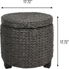 happimess Addie Handwoven Water Hyacinth Storage Ottoman 17.72", Black | Removable Lid, Coastal Foot Rest, 11 Gallon Capacity, Lined Interior, Wooden Legs, Entryway Seating, Holds 150 Lbs