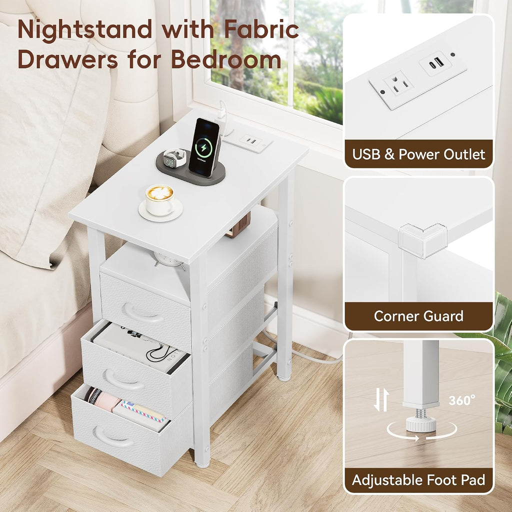 Vagusicc White End Table with Charging Station, Narrow Side Table, Narrow Nightstand with 3 Fabric Drawers, Slim Sofa Side Table for Small Spaces, Small Night Stand for Bedroom, White