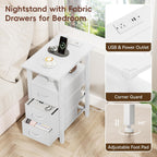 Vagusicc White End Table with Charging Station, Narrow Side Table, Narrow Nightstand with 3 Fabric Drawers, Slim Sofa Side Table for Small Spaces, Small Night Stand for Bedroom, White