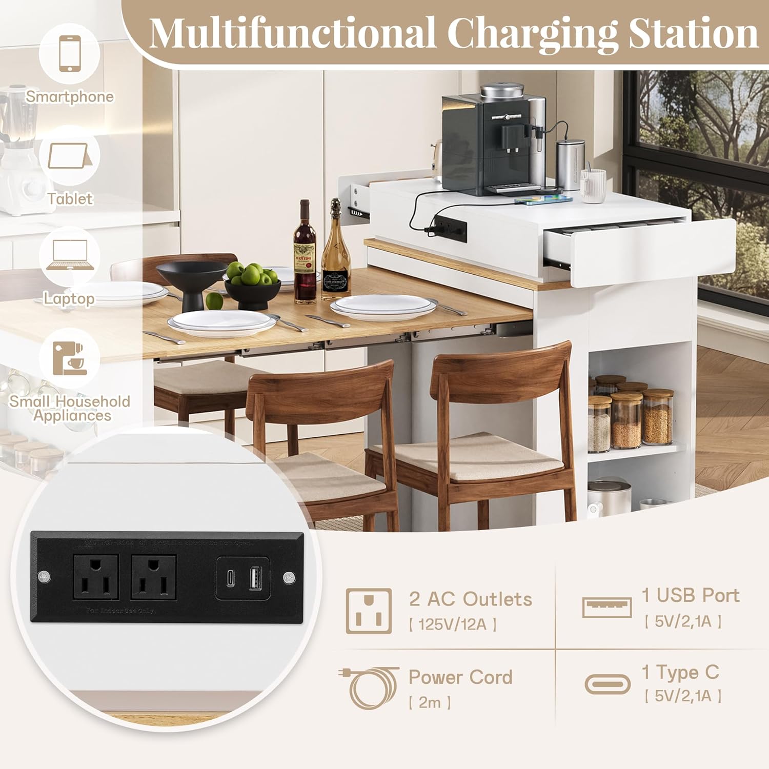 Extendable Dining Table with Storage, Transformer Console Table for 1-4 People, Mobile Rolling Island Table Space Saving Dining Room Table with Built-in Outlet for Homes, Apartments, Cream White