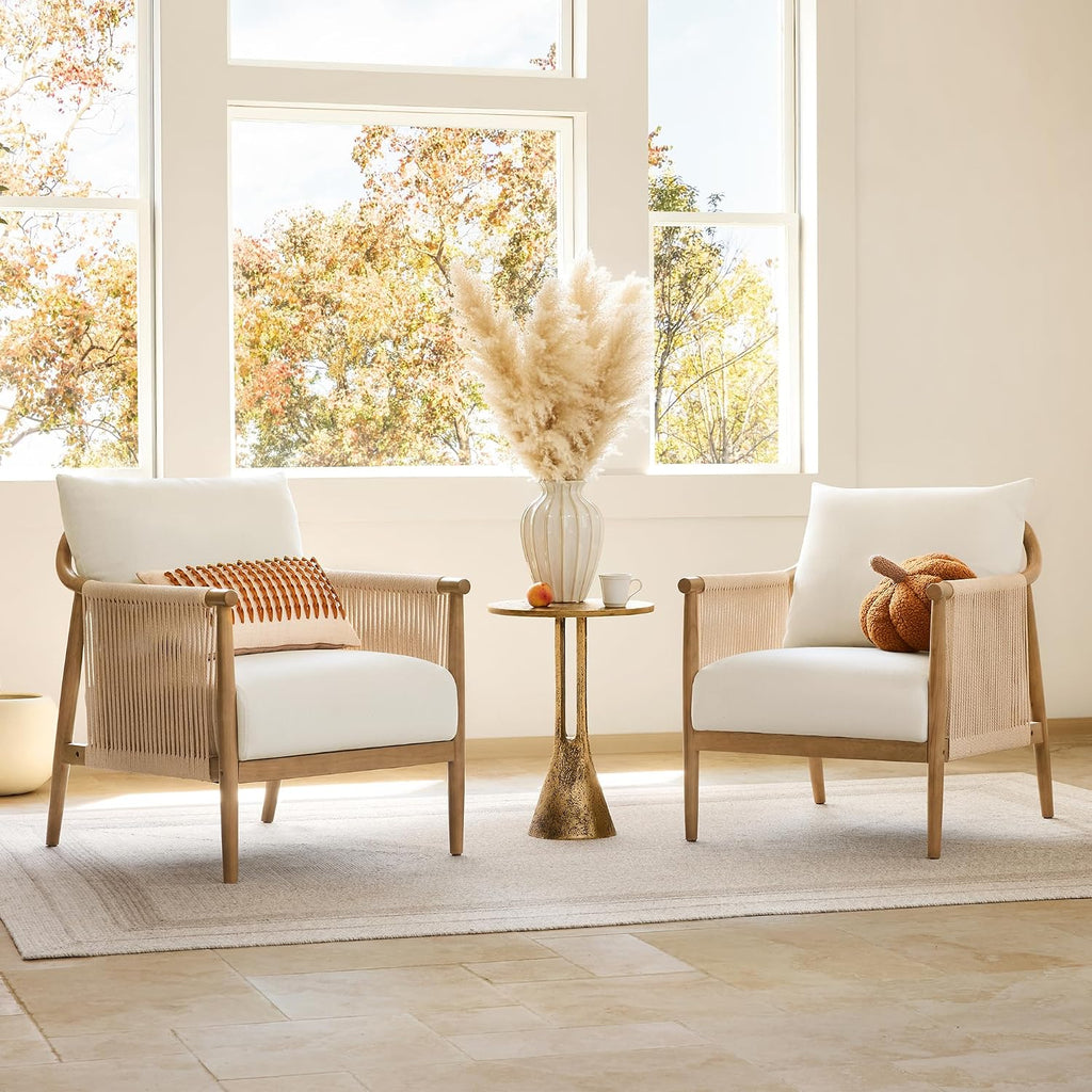 CHITA Braid Accent Chair Set of 2, Wood Frame and Paper-Cord Armrest, Cream | Boho Reading Armchair, FSC Certified Solid Wood Living Room Chair, Bedroom, 33.1"Dx26.4"Wx35.4"H, 300 Lb Capacity