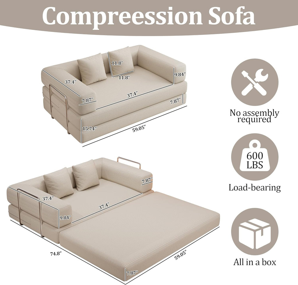 59.0 Inch Convertible Sofa Bed, 4-in-1Futon Sofas Bed Pull Out Sleeper Couch, Modern Deep Seat Sofa for Living Room, Corduroy Couches for Bedroom, Apartment, No Assembly Beige, 2 Seat