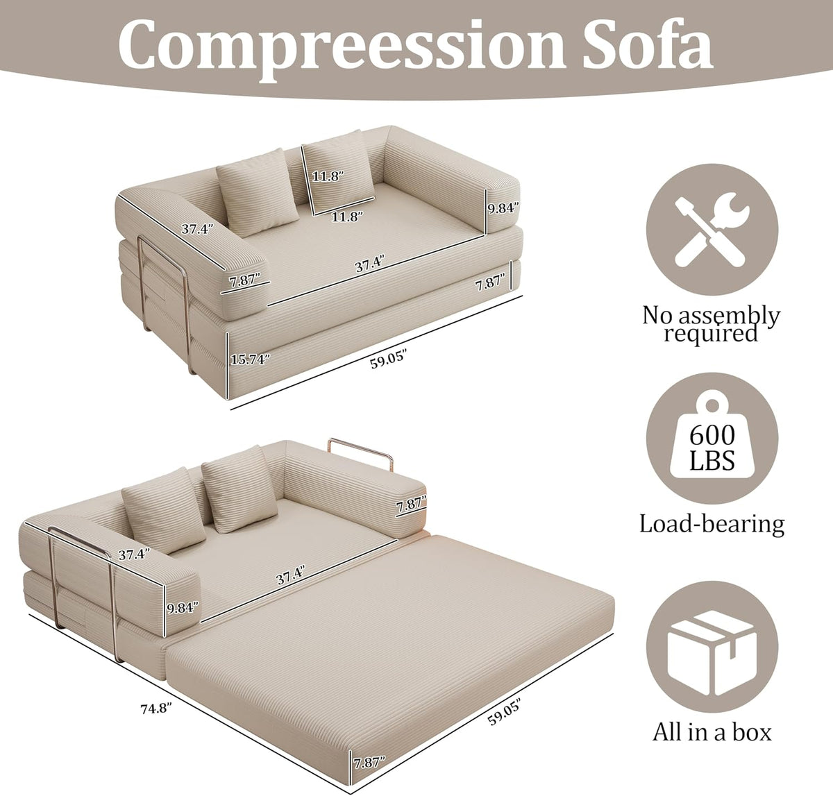 59.0 Inch Convertible Sofa Bed, 4-in-1Futon Sofas Bed Pull Out Sleeper Couch, Modern Deep Seat Sofa for Living Room, Corduroy Couches for Bedroom, Apartment, No Assembly Beige, 2 Seat