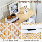 Sideboard Buffet Cabinet with Storage, Rattan Door and 3 Drawers, White | Sliding Door Coffee Bar Storage Credenza Boho Style Small Accent Cabinet for Kitchen, Living Room, Dining Room