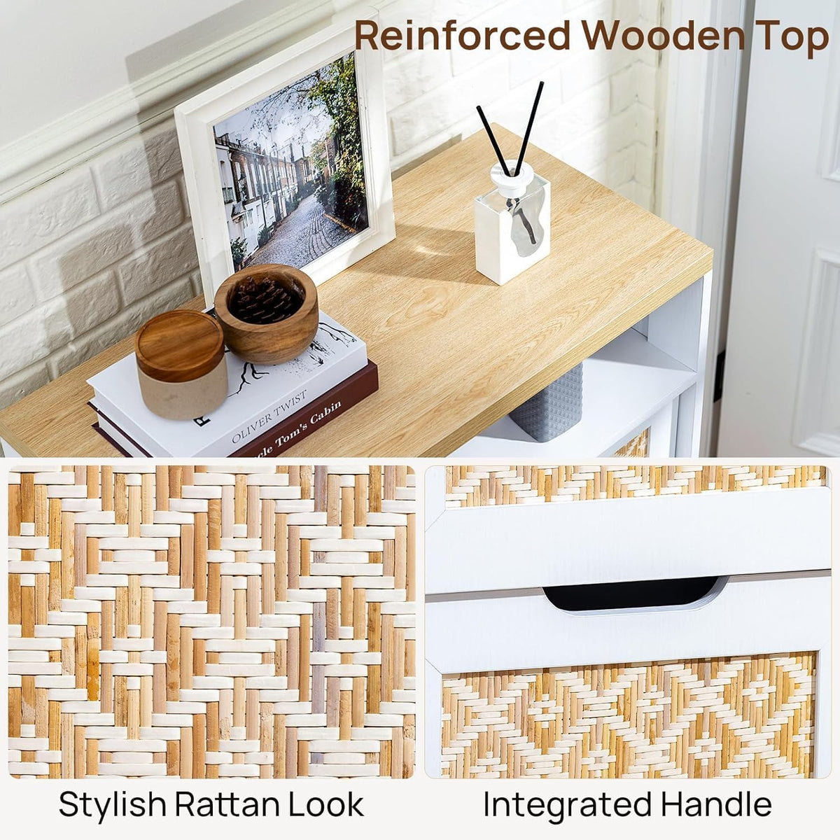 Sideboard Buffet Cabinet with Storage, Rattan Door and 3 Drawers, White | Sliding Door Coffee Bar Storage Credenza Boho Style Small Accent Cabinet for Kitchen, Living Room, Dining Room