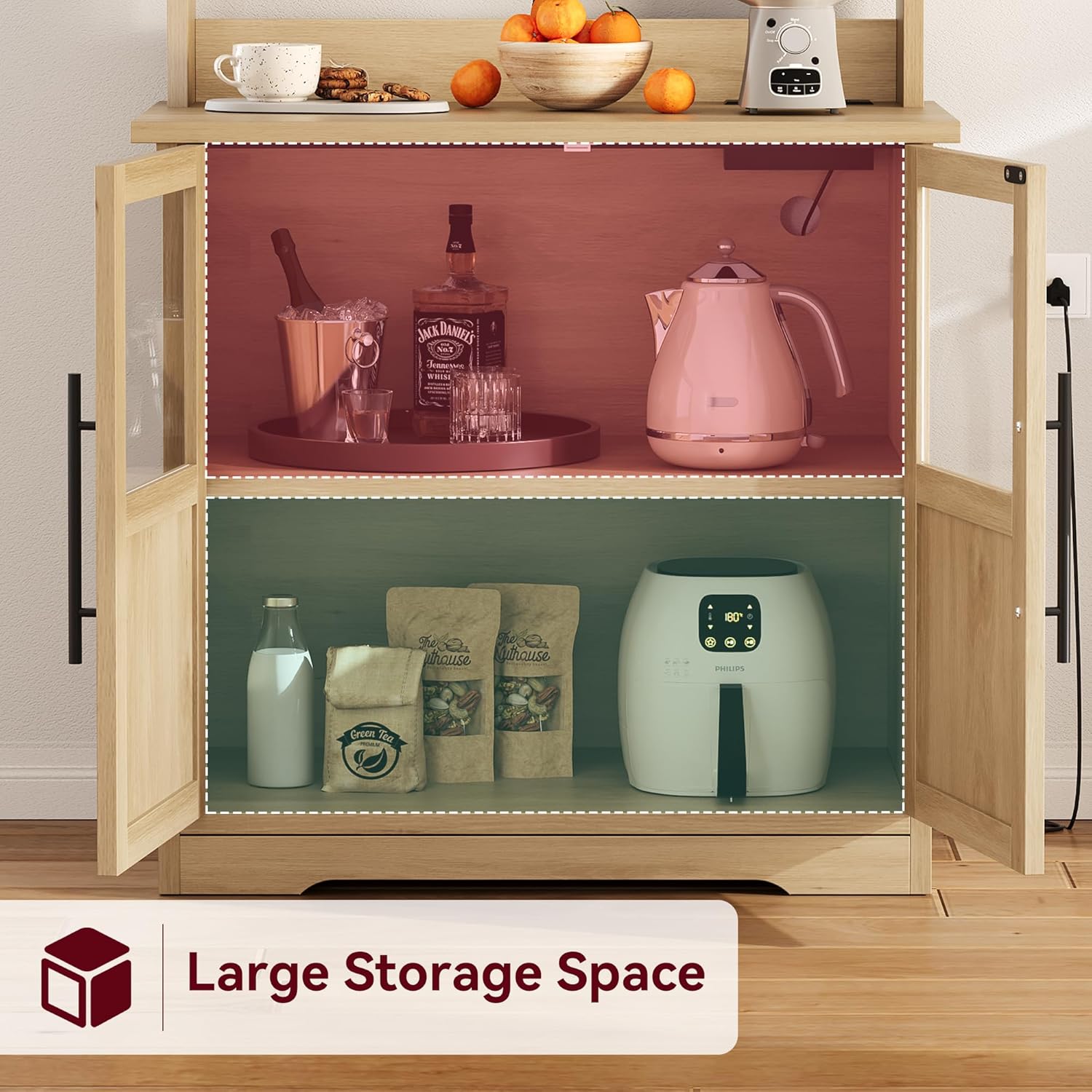 IDEALHOUSE Bakers Rack with Storage Cabinet, Microwave Stand with Power Outlets, Farmhouse Bakers Rack with Thick Table Top, Small Kitchen Bakers Rack for Kitchen,Dining Room,Peer Wood