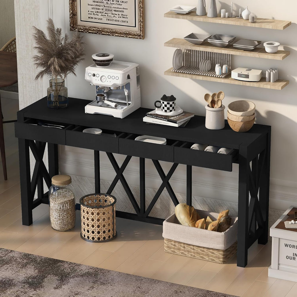 Farmhouse 60'' Console Table Sofa Table with 4 Spacious Drawers and Open Bottom Storage, Modern Crisscross Design Entryway Table for Living Room,Kitchen,Dining Room (Black-X)