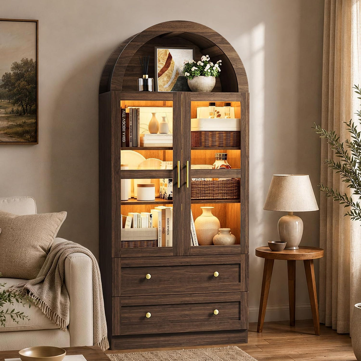 71" Tall Arched Kitchen Pantry Cabinet with LED Light, Modern Farmhouse Kitchen Storage Cabinet with 2 Large Drawers & Glass Doors, Versatile Cupboard for Living Room, Dining Room, Brown
