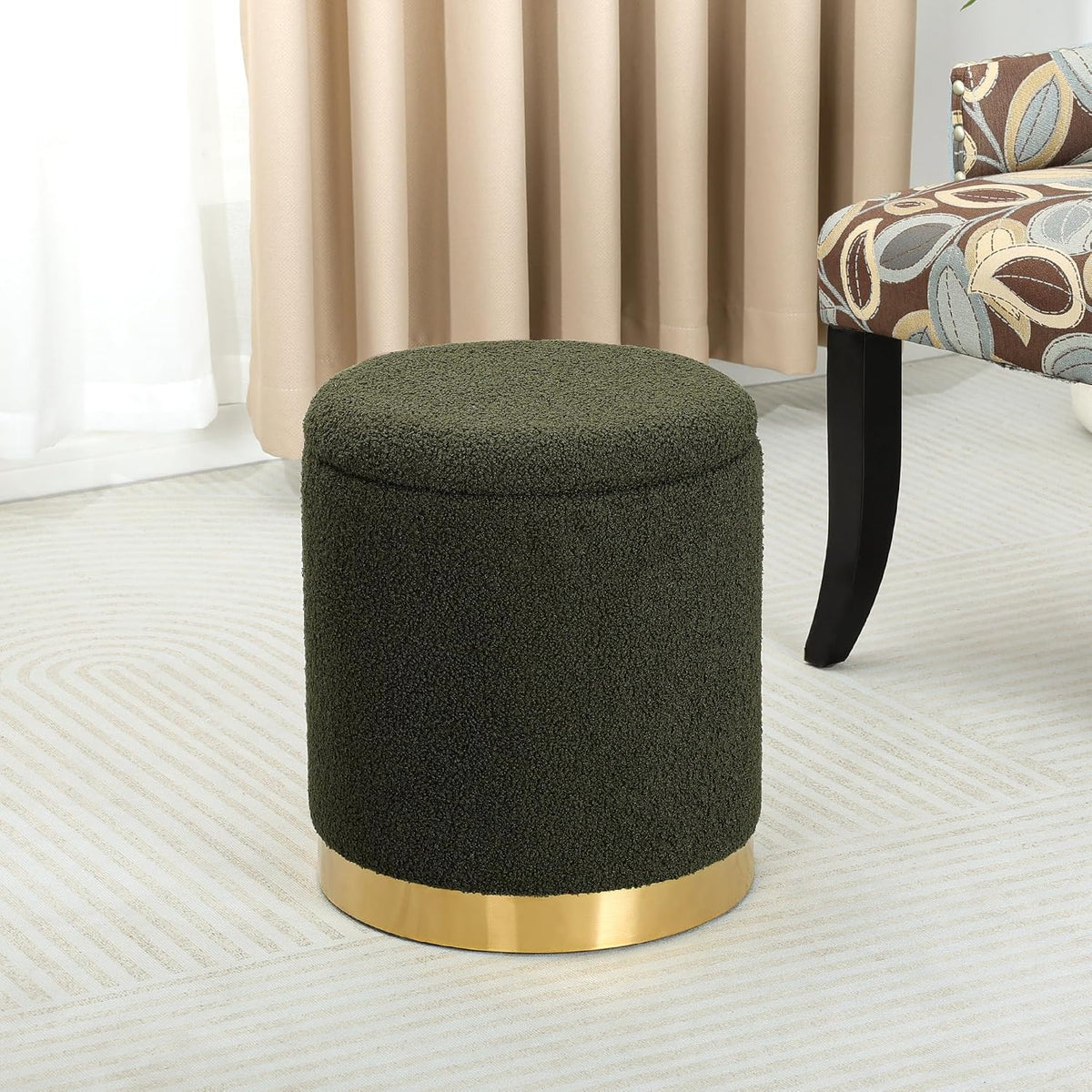 Joveco Boucle Round Ottoman with Storage,Vanity Stool with Storage for Bedroom, Ottoman Coffee Table,Small Boucle Foot Stool for Living Room, Dark Moss Green with Gold Plating