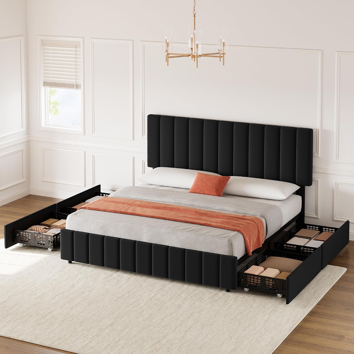 Garvee King Size Bed Frame, Linen Bed Frame with 4 Storage Drawers, Black