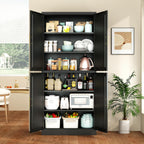Wanfu 71" Tall Pantry Cabinet, Metal Kitchen Pantry Cabinet with 4 Doors and 4 Adjustable Shelves, Kitchen Pantry Storage Cabinets, Metal Storage Cabinet for Kitchen, Dining Room, Living Room-Black