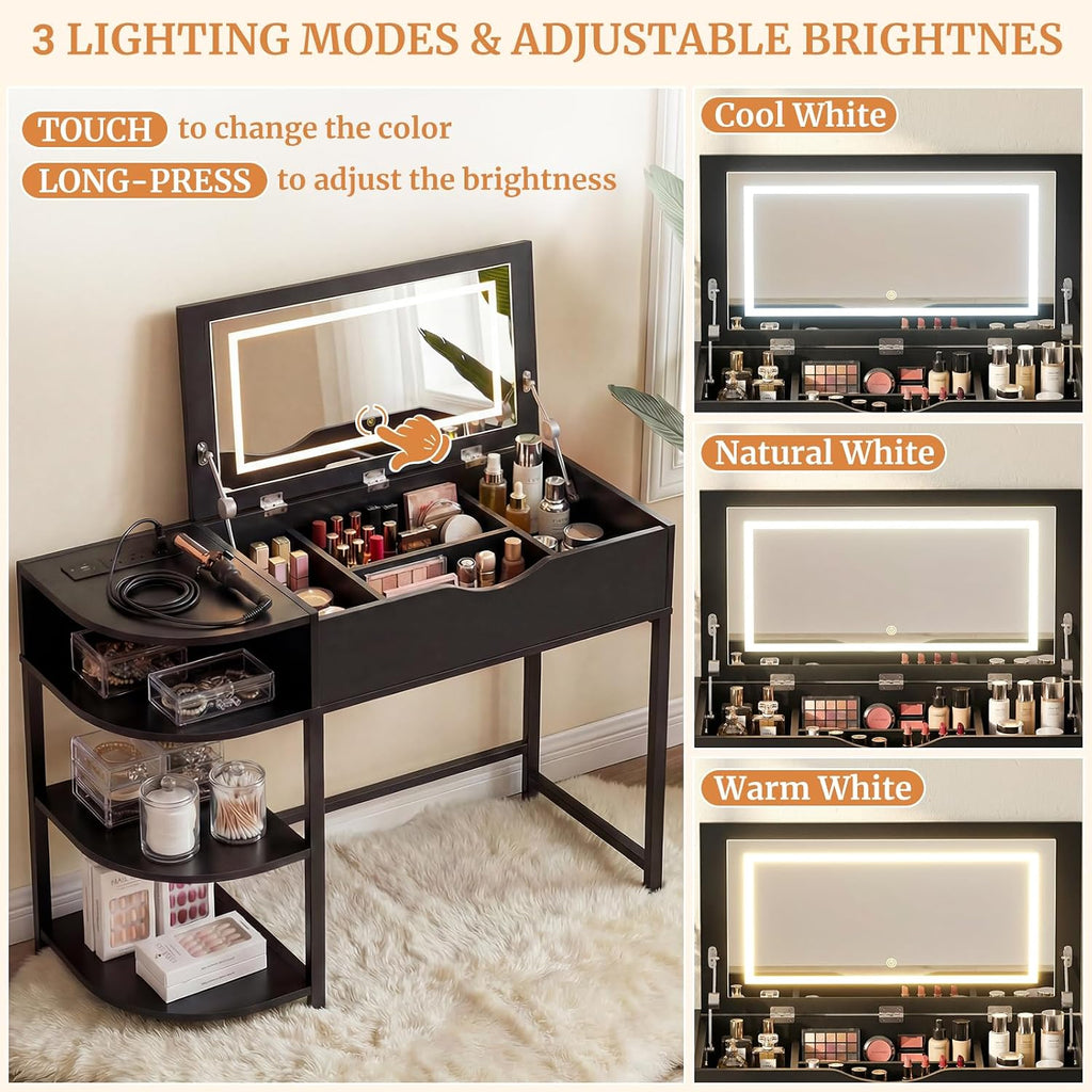 Cyclysio Vanity Desk with Flip Top Mirror and Lights, Black | Makeup Vanity Desk with Drawers, Dressing Table with Storage Shelves & Charging Station, Small Vanity for Small Spaces