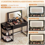 Cyclysio Vanity Desk with Flip Top Mirror and Lights, Black | Makeup Vanity Desk with Drawers, Dressing Table with Storage Shelves & Charging Station, Small Vanity for Small Spaces