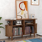 Large Walnut Record Player Stand with Charging Station, Mid-Century Turntable Stand Table, Vinyl Record Player Storage Cabinet for Bedroom, Living Room, Office