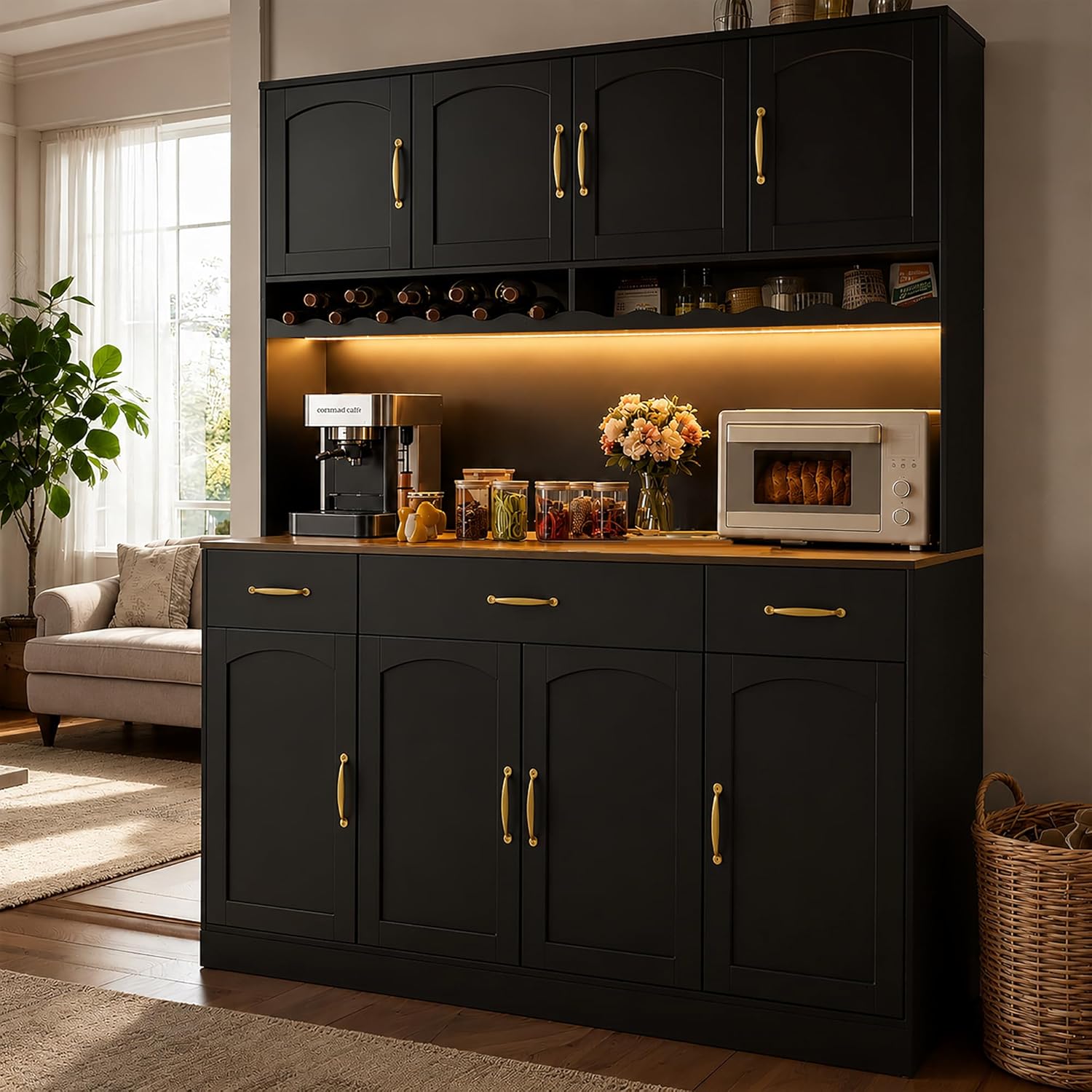 72" Tall Kitchen Pantry Cabinet with Charging Station 55" Wide Kitchen Hutch Cabinet with LED Light and Countertop Large Kitchen Cabinet with Adjustable Shelves and Wine Rack Black