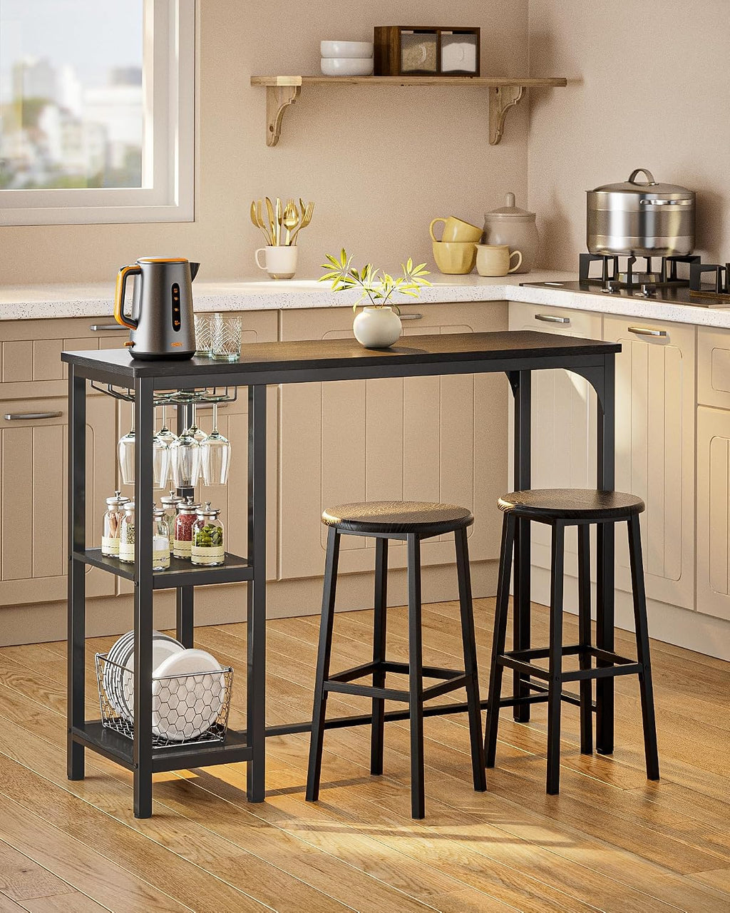 Qsun Small Bar Table Set for 2 | Kitchen Table for 2 with 2 Storage Shelves & Wine Glass Holder, Dining Table for Small Apartment, Dining Room