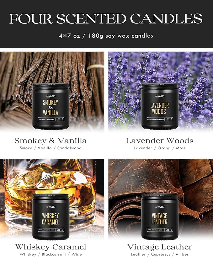 AOOVOO Scented Candles for Men - 4 Pack Candles for Home Scented, 28oz Soy Wax, 200 Hour Burn Time, Men Candle Set, Leather/Smoke & Vanilla/Whiskey Caramel/Lavender Candle Set