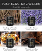 AOOVOO Scented Candles for Men - 4 Pack Candles for Home Scented, 28oz Soy Wax, 200 Hour Burn Time, Men Candle Set, Leather/Smoke & Vanilla/Whiskey Caramel/Lavender Candle Set