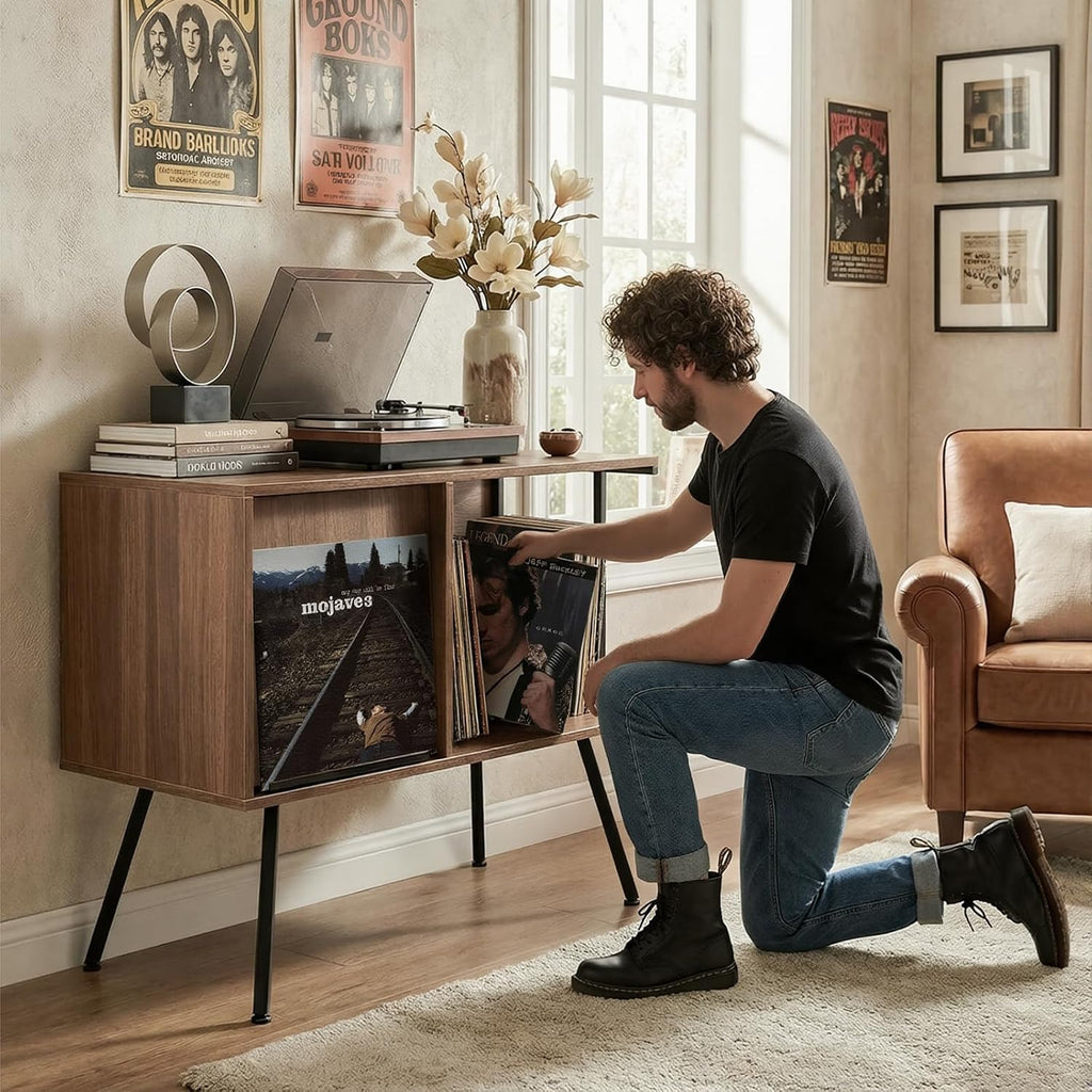 Faesun Record Player Stand with Flip-Down Record Shelf, Walnut | Vinyl Record Storage Holds up to 150+ Albums, Turntable Stand with Album Display, Record Table with Large Open Storage