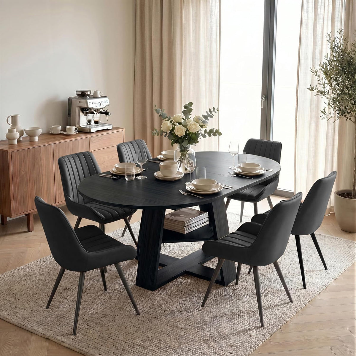 Miereirl Round to Oval Dining Table Set for 4-6, Expandable Kitchen Table with Upholstered Chairs, Dining Room Furniture Set with Hidden Storage Shelf, Space-Saving Dining Set for Apartment